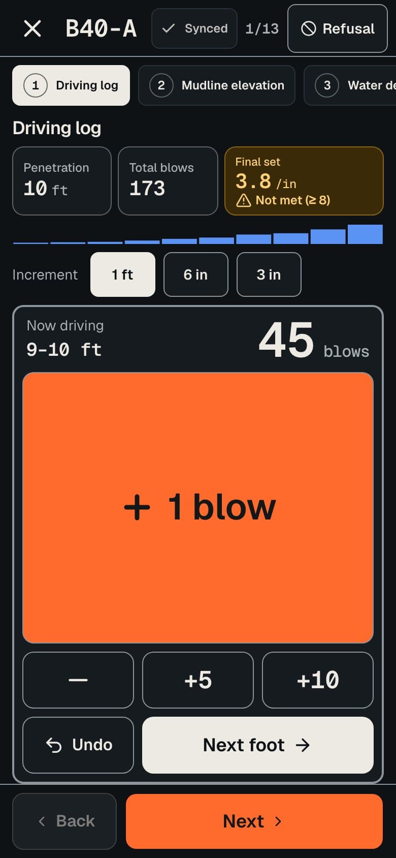 The driving log on a phone, with a button for each foot of penetration and a refusal hint.