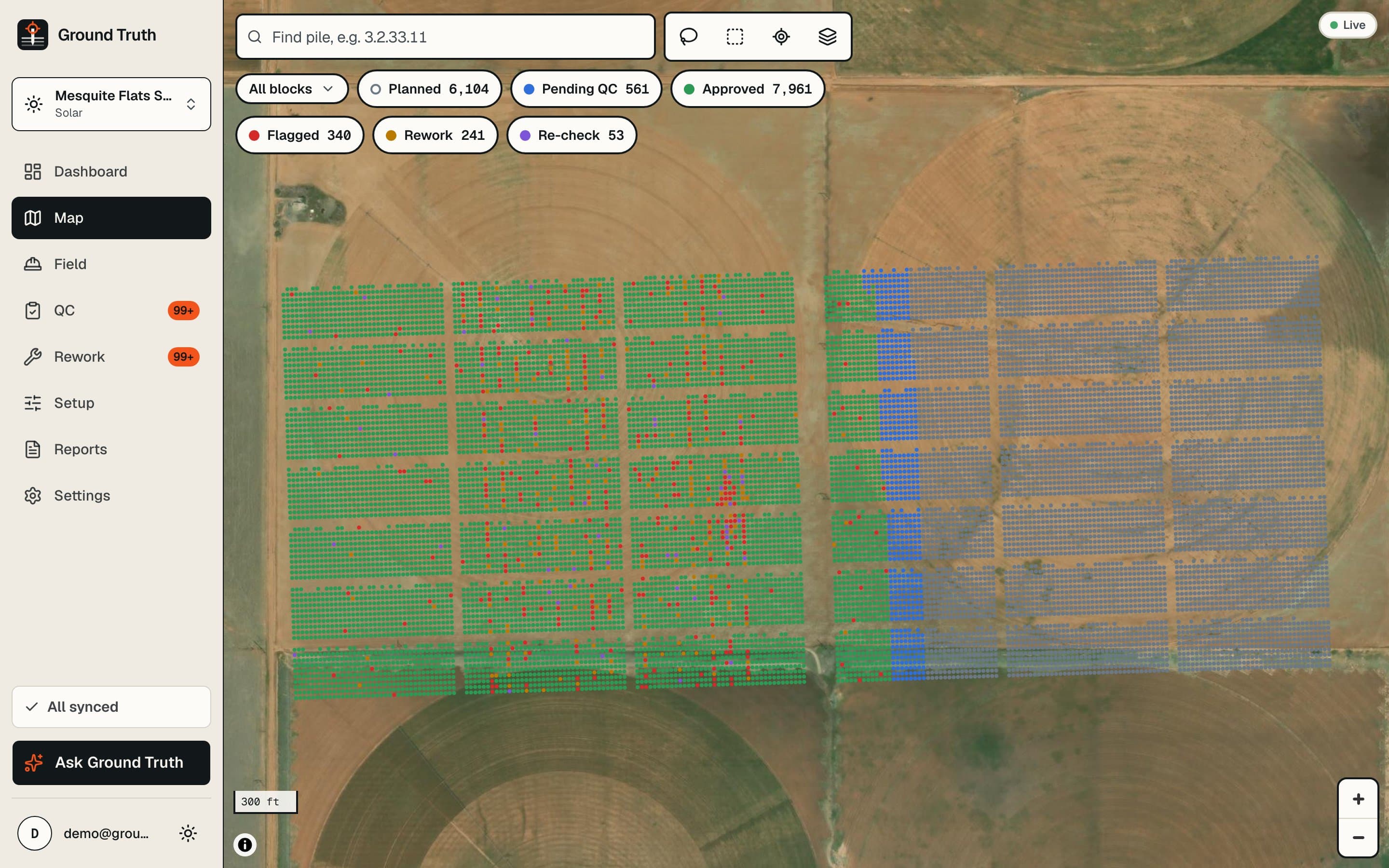 A map of a pile site with each pile coloured by QC status and a status filter panel.
