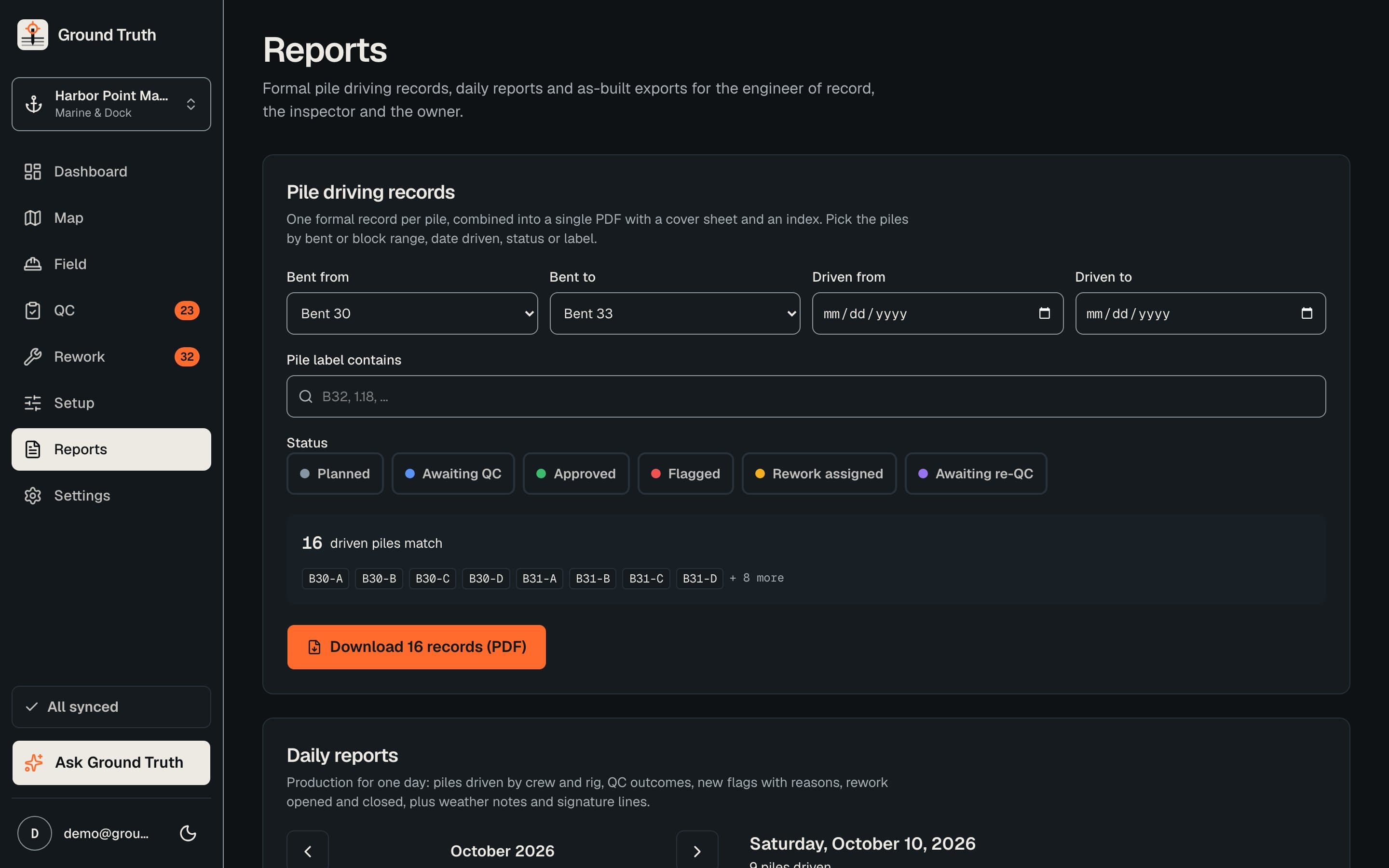 The reports page with options for a daily report, a driving record and an as-built export.
